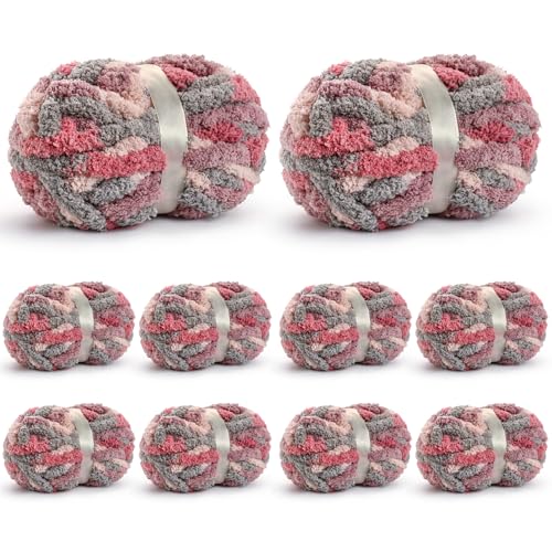 10 Pack Jumbo Chunky Yarn for Hand Knitting, Fluffy Chunky Chenille Yarn for Crocheting, Variegated Chunky Knit Baby Blanket Yarn, 240 yds /70.5 oz Super Bulky Yarn（Grey-Pink-Purple） - color: 10 Grey-Pink-Purple