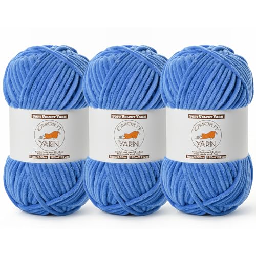 3 Pack Azure Fluffy Velvet Yarn for Crocheting, Chunky Chenille Baby Blanket Yarn for Crochet, Soft Fuzzy Puzzle Yarn for Knitting, (100g/3.53oz Each) Bulky Thick Amigurumi Crochet Yarns - color: 3 Azure