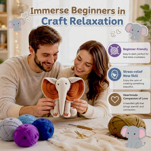 JYZJDKE Crochet Kit for Beginners Adults - DIY Amigurumi Elephant Knitting Starter Kit with Yarn Sets, Crochet Animal Kit Cute Stuffed Animal Craft Birthday Gifts (Beige White+Tiffany Green Elephant) - color: Beige White/Terracotta+Tiffany Green/Pink Elep