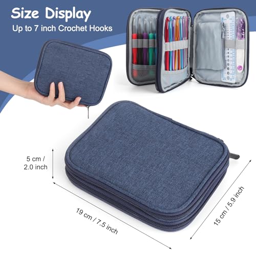 Katech Crochet Hooks Case - Portable Travel Crochets Storage Case Blue | Crochet Hook Holder with Zipper, Web Pocket, and Holders Slots for Various Accessories Crochets Needles - color: Blue