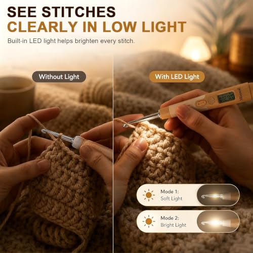 Lighted Crochet Hook Set, Crochet Hooks with Stitch & Row Counter, 18 Sizes | Rechargeable LED Light for Low-Light Crocheting, Handy Crochet Accessories, Mother's Day and Birthday Gifts for Crocheters