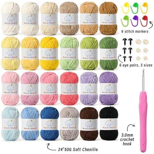 24 Pack Fluffy Chenille Yarn for Crocheting, Baby Yarn for Crocheting Soft, 3806yds/42oz Fingering Weight Crochet Amigurumi Yarn, Velvet Yarns for Crochet Baby Blanket&DIY Crafts.(Set A) - color: 24 A