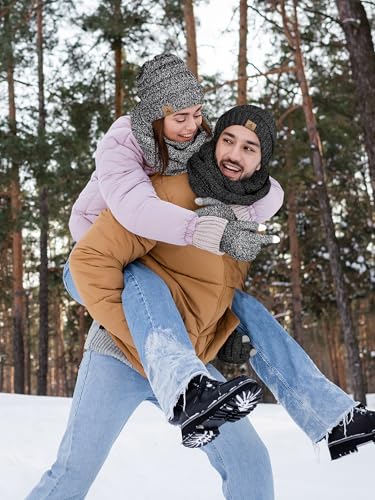 LOROME Winter Beanie Hat Scarf Gloves, Warm Fleece Knit Neck Scarf Set Gift | Hats Gloves Scarf Set, Touchscreen Gloves, Universal Size Neck Scarf Set Winter Gifts for Unisex Adult Winter Wear - color: Black and White