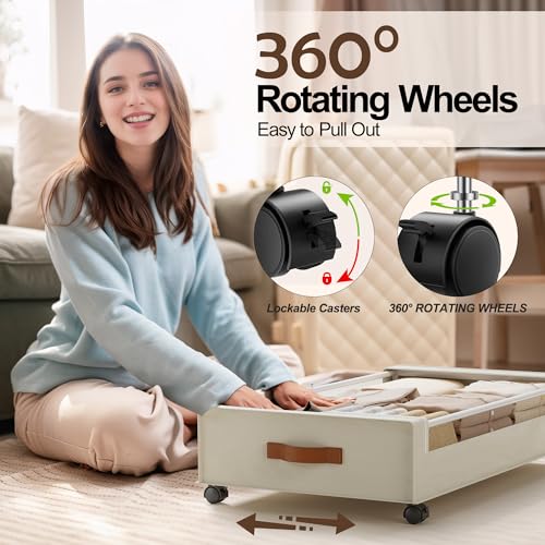 LAMU Under Bed Storage with Wheels, 2Pack Underbed Storage Containers,Beige | Smooth-rolling Wheels, Clear Lid & Label, Sturdy Metal Frame, Easy Install, Rolling Storage Drawers for Clothes, Shoes, Toys - color: Beige, size: 2 Pack