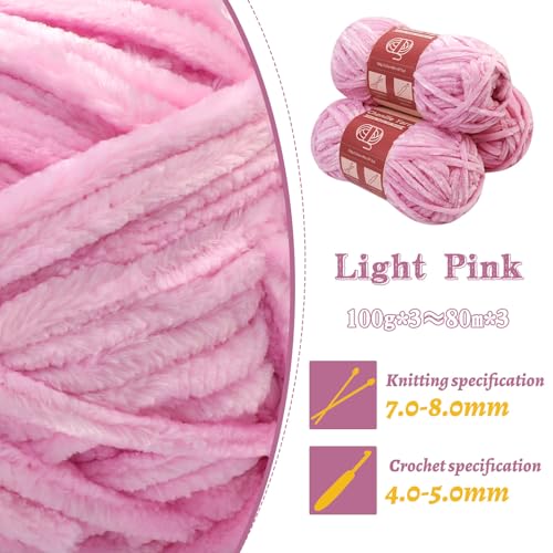 LUNARM Chenille Yarn 3 Pack 3.5oz Chunky Blanket Velvet Yarn 263 Yard | Light Pink Chunky Chenille Yarn for Beginners Crocheting Hand Knitting Scarves with Big Eye Needles Machine Washable - color: Light Pink