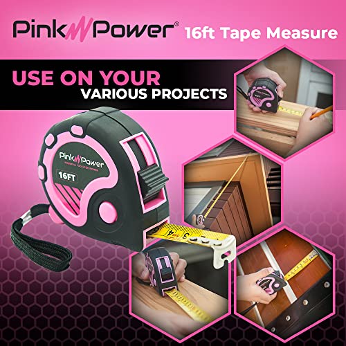 Pink Power 16ft Pink Tape Measure for Women's Tool Kit | Measuring Tape With Retractable Blade And Lock Button, Girls Measuring Kit, Lightweight Measurement Tool, Pink 16 ft. - color: Pink, size: 16 ft
