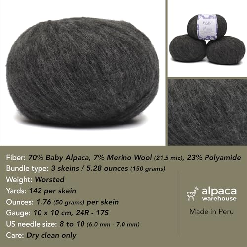 Baby Alpaca Merino Yarn 3 Skeins 150g Worsted Weight Knitting Gray | Pullu baby alpaca merino blend made in Peru 3 skeins 150g 426yd total for knitting and crochet sweaters scarves and hats - color: Gray