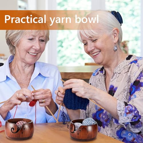 Wooden Yarn Bowl Holder, Craft Knitting Bowl with 9pcs Silicone Crochet Hooks and Crochet Ring, 6 Inch Yarn Storage Crochet Bowl Set Gift for Knitters Women Mother Grandma