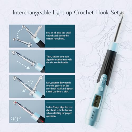 Votris 18 in 1 Counting Crochet Hooks, Light up Crochet Hook Set | Digital Stitch Counter 2.0-14.0mm, Rechargeable & Interchangeable Heads Lighted Crochet Hook, Ergonomic Handles for Beginner - color: Mint Green with Counter