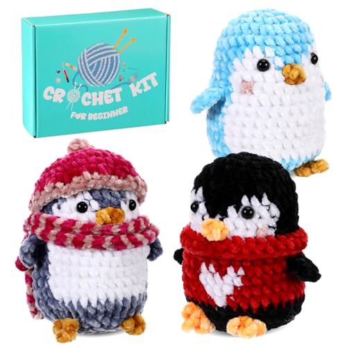 XunYee 3 Pcs Little Penguins Crochet Kit DIY Amigurumi Set Chenille Yarn Crochet Kit for Beginners with Complete Tools Step-by-Step Pattern Craft Gift for Adults - style: Penguin