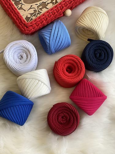 Bobilon 7-9 mm Cotton Yarn Set - 9 Balls, Knitting, Macrame - American Set | 9 balls of 100% cotton t shirt yarn, 196 yds total, 7-9 mm; matching colors for crochet, knitting and macrame - color: American 1