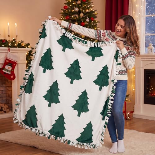 Chumia 2 Pcs/1 Set Christmas No Sew Fleece Blanket Craft Kit 57 x 57 Inch Christmas Tree Tie Blankets Throw DIY Making Blanket Gift for Xmas Winter Holiday Party Favors Home Bed Couch Decoration - style: Christmas Tree