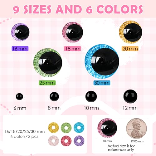 MUCUNNIA Glitter Moon Safety Eyes 256Pcs 6-30mm Safety Eyes for Crocheting with Washers and Size Tools Large Crochet Safety Eyes for Amigurumi Gift for Crochet Lovers Christmas Decorations