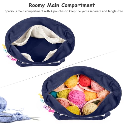 Canvas Yarn Storage Organizer Bag Washable Crochet Bag with Pockets for Yarn, Hooks, Needles – Travel Knitting Tote for Crafters – Gift for Crocheters & Knitters (Medium/Large) - color: Navy, size: Large-15”