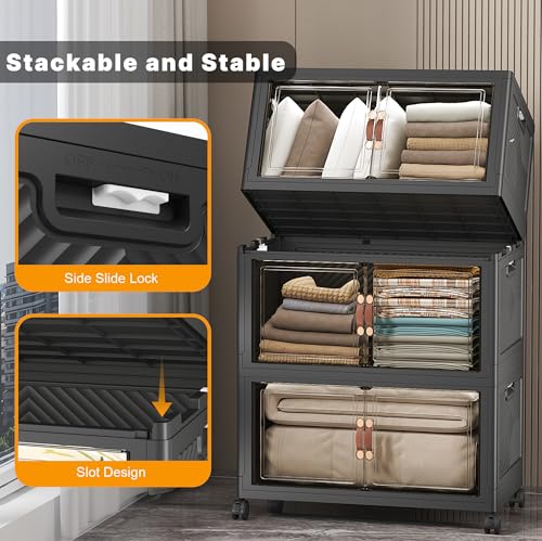 UAMFURI Stackable Storage Bins, 672QT Collapsible Drawers with 2 Lids | Large Capacity, Magnetic Door, Stack Lock, Rolling Wheels, Foldable Design, Organizers and Storage for Bedroom Dorm Garage - color: Dark-112QT, size: 6Pack with 2 top lids
