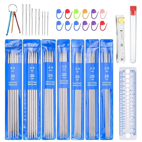 woshilaoDS 35pcs Double Pointed Knitting Needle Sets, 20 cm/7.8 inch Stainless Steel Metal Knitting Needles with Double Ended for Beginner, Sock Knitting Gauge 2 mm/2.5 mm/3 mm/3.5 mm/4 mm/4.5 mm/5 mm