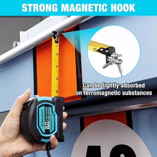 DURATECH 25FT Auto-Lock Magnetic Tape Measure, Easy Read, Double Sided | Measuring Tape with Fractions 1/8″, Measurement Tape with Minimum Scale 1/32″, Magnetic Hook, and Rubber Protective Casing
