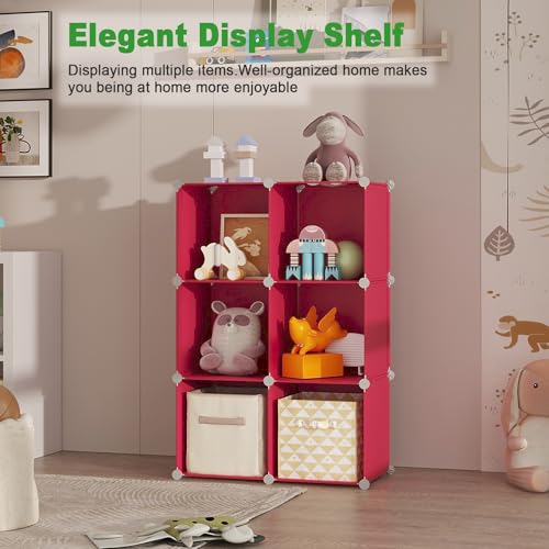 C&AHOME 6-Cube Storage Organizer Cube Shelf Closet Storage Bookcase, Red | Stackable Cubby Storage, Bookshelf, Portable Plastic Storage Closet Organizer, DIY Modular Shelving Units for Home, Wardrobe - color: Red