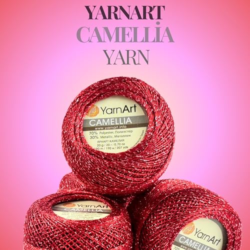 Yarnart Camellia Metallic Shimmer Fine Yarn - 70% Polyester, 30% Metallic, 192m, 20g, Crochet Thread, Lace, Embroidery, Jewelry Making, and Decorative Craft Yarn, 1.25mm Hook (Red, 20g Skein) - color: Red, size: 20g Skein