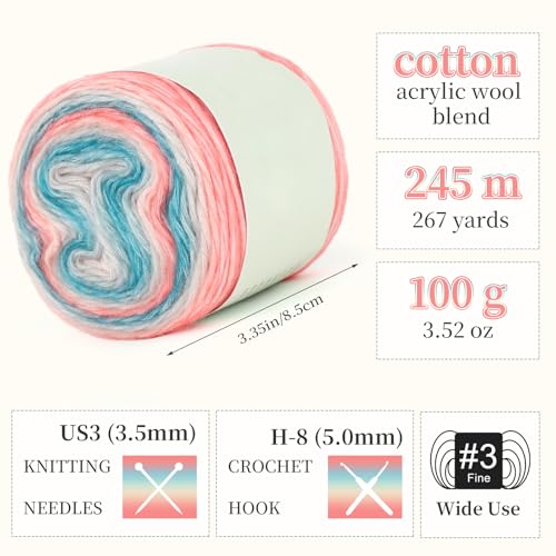 Aeelike Cake Yarn for Crocheting, Soft Ombre Crochet Yarn, Blue Pink | 6 PCS #3 Light weight 100g(3.52oz) 245m( 267yards), 60% Cotton Blend Gradient Yarn for Blanket Scarves DIY Crafts, Ideal Gift - color: Blue Pink Gradient, size: 6 pcs