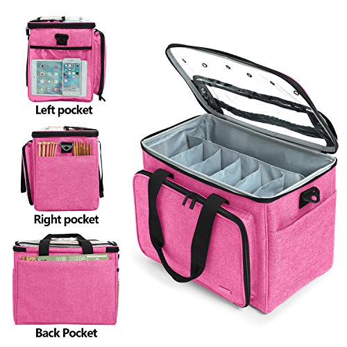 Teamoy Knitting Bag, Yarn Storage Organizer Crochet Bag Tote, Pink | Yarn Holder with Inner Divider(Sewn to Bottom) for Crochet Hook, Knitting Needles(Up to 14"), Project and Crocheting Supplies - color: Pink