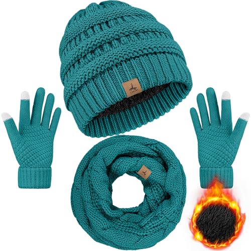 LOROME Winter Beanie Hat Scarf Gloves, Warm Fleece Knit Neck Scarf Set Gift | Hats Gloves Scarf Set, Touchscreen Gloves, Universal Size Neck Scarf Set Winter Gifts for Unisex Adult Winter Wear - color: Blue Green