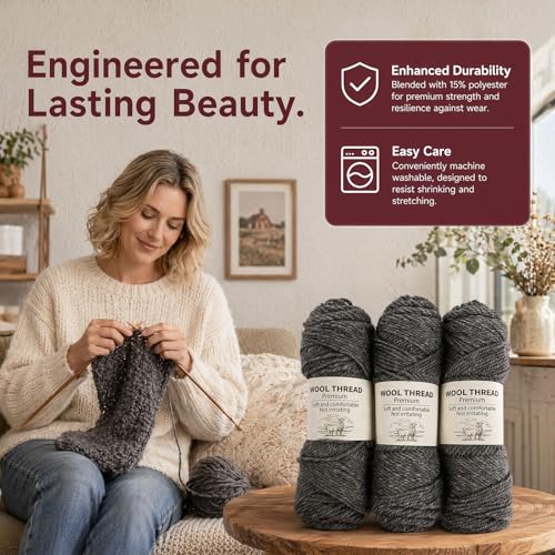 Premium Wool Blend Yarn – 3 Skeins (300g Total), 85% Wool 15% Polyester, for Crocheting&Knitting, Soft Skin-Friendly, Ideal for Scarves, Hats, Blankets & DIY Crafts (26#Dark Heather Gray) - color: 26#Dark Heather Gray