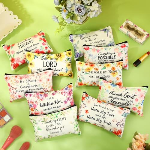 Reginary 20 Pcs Makeup Bags Gifts for Women Canvas Cosmetic Bags with Zipper Bulk Gift for Women Travel Purse Organizer Pouch Accessory, Toiletry Large Capacity, 7 x 4.3 Inch(Religious) - style: Religious