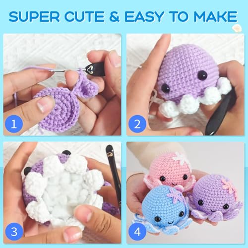 Crochet Kit for Beginners: Make 3 Cute Amigurumi Animals with Easy-to-Follow Video Tutorial, Complete Beginner Crochet Kits for Kids Adults, Creative Christmas Birthday Gift Idea for Women & Girls - color: octopuses Family