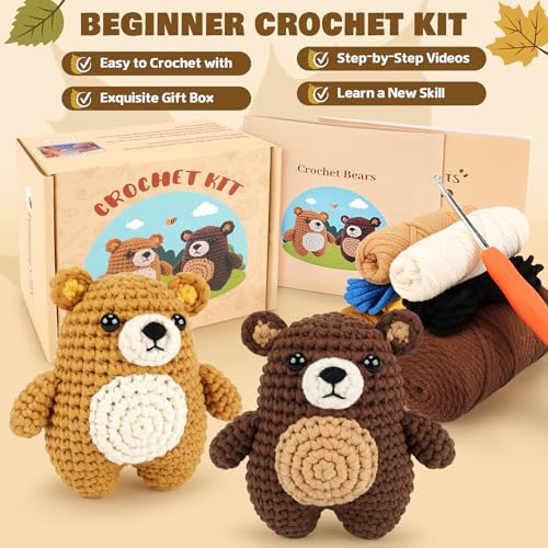 Crochet Kit for Beginners - Bear Crochet Kits, Beginner Crochet Kit for Adults, Crochet Animal Kit for Starters with Step-by-Step Video Tutorials, Knitting Bears with Squishy Hip Design - color: Brown Bears
