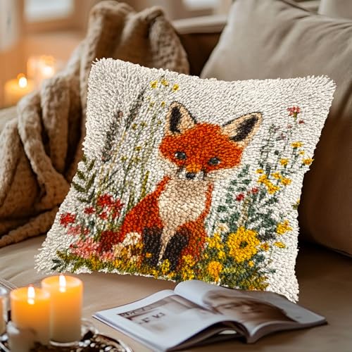 DIY Latch Hook Pillow Cover Kits Cute Red Fox in Flowers Stampled Handamade Pillowcase Crochet Yarn Hook and Latch Emboridery Throw Pillow for Home Sofa Decor 43x43cm(4)