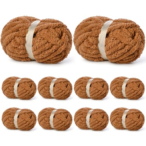 10 Pack of Light Coffee Soft Jumbo Chunky Yarn for Hand Knitting,Thick Blanket Yarn for Crocheting, #10 Super Bulky Yarns, 220yds/70.5oz Fluffy Chunky Chenille Yarns for Crocheting. - color: Light Coffee