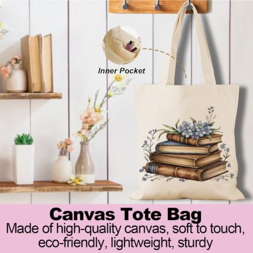 jeilink Cute Aesthetic Canvas Tote Bag Book Lovers Gifts for Women Book Lovers Teacher Reusable for Birthday Christmas - color: Book Floral 1609