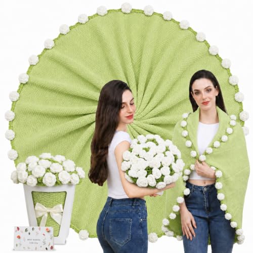 Rose Crochet Flower Bouquet Blanket, Handmade Knitted Throw Blanket | Christmas, Valentines, Mothers Day, Birthday, Anniversary Unique White Rose Bouquet Gifts for Mom Wife Girlfriend, 43 Inch - color: White Rose, size: Medium