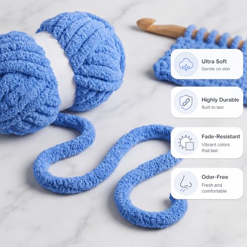 8 Pack Chunky Chenille Yarn for Hand Knitting, Glow in The Dark, Denim Blue | 8-pack jumbo chenille yarn with 1 glow-in-the-dark skein! Ultra-soft, fast to hand knit & perfect for DIY cozy gifts - color: Denim Blue