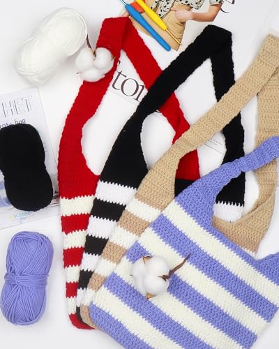 Katech Crochet Kit for Beginners w/Striped Tote Bag 3-1 Step-by-Step Guide | Tote Bag Crochets Kit clue Yarn Crochet Hooks for Adults Beginners Learn to Crocheting Crocheted Starter Kit Crocheter Gift - color: Blue White