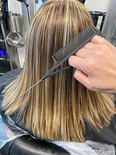 Authentic "Never Let Go" Carbon Fibre Professional Styling Comb, Balayage and Highlighting Long Tail Metal Pick Teaser Comb (#2)