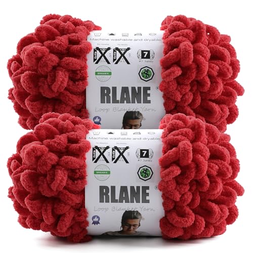 Loop Yarn for Finger Knitting Soft - Chunky Yarn for Hand Knitting - 2 Pack of 180 G/6.4 Oz - #7 Jumbo - 18 Yards - Chenille Blanket Yarn for Crocheting Blankets Amigurumi (2, Red) - color: Red