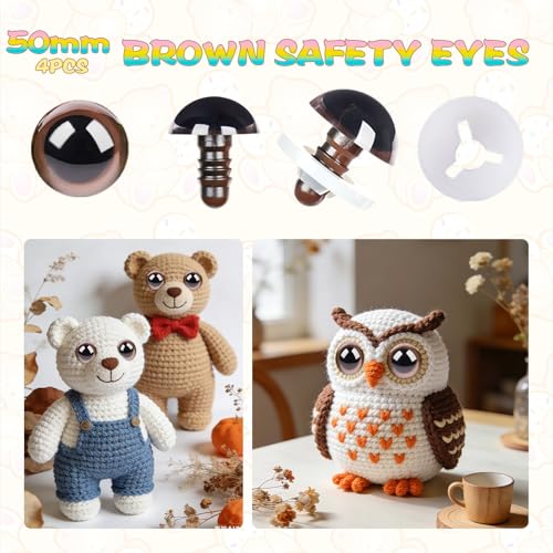 MUCUNNIA 8pcs 50mm Brown Safety Eyes for Crocheting with Washers Brown Safety Eyes for Crochet Craft Safety Eyes Gift for Crochet Lovers Halloween Decorations Stuffed Animals Crafting - size: 50mm