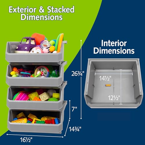 ReadySpace Extra Large Stackable Plastic Storage Bins, 4-Pack, Grey | Open-Front Stackable Bins For Garage, Pantry, Closet & Office, 14,8"L X 16,5"W X 7"H, Nests When Empty, Durable Plastic, - color: Grey, size: Extra Large, 4-Pack