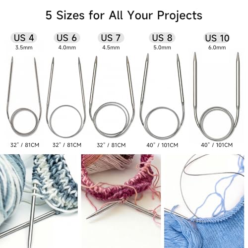 YLaziion Circular Knitting Needles Size 8 (5.0mm) 40 Inch Long Steel, 101CM | US 8 Metal Knit Tools with Flexible Cord for Large Blanket Afghan Chunky Yarn, 101cm - size: US 8 - 40" / 101CM (5.0mm)