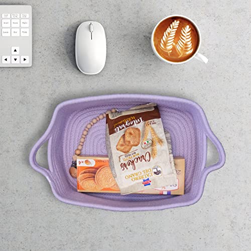 XUANGUO Medium Woven Cotton Rope Storage Basket with Handles, Light Purple | Small decorative rectangle storage bin for baby nursery items and cat toys; ideal as an empty gift basket or dog toy basket - color: light purple