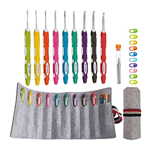 Lewhoo Ergonomic Crochet Hooks with Roll Felt Bag for Arthritic Hand B to J | Crochet Hooks Set 2.0-6.0mm - color: Grey 2.0~6.0mm