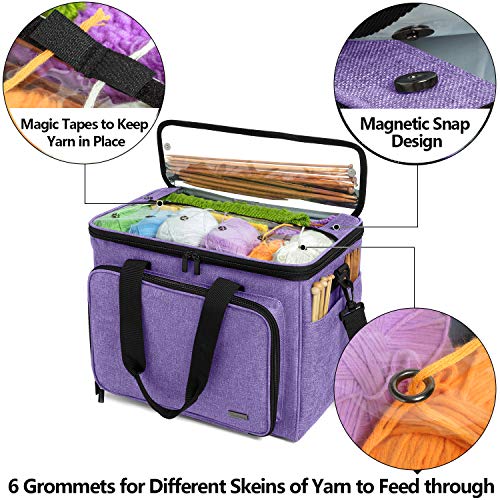 Teamoy Knitting Bag, Yarn Storage Organizer Crochet Bag Tote, Purple | Yarn Holder with Inner Divider(Sewn to Bottom) for Crochet Hook, Knitting Needles(Up to 14"), Project and Crocheting Supplies - color: Purple