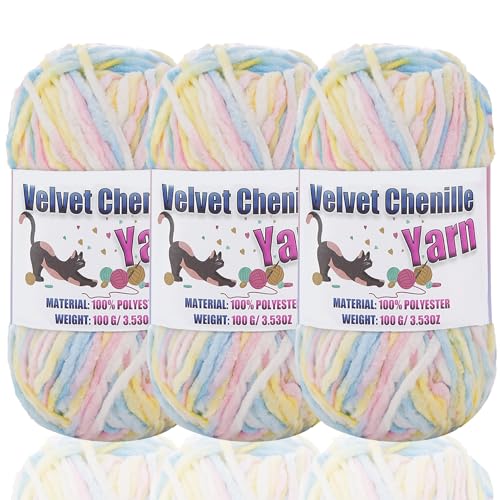3 * 100g Fluffy Velvet Chenille Yarn for Crocheting and Knitting, Handcrafts Weaving Soft Chenille Yarn for Crocheting Clearance, Used for Making Baby Yarn Blanket, Clothes (3 - Colorful - C) - color: 3 - Colorful - C