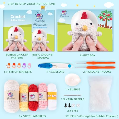 Crochetta Crochet Kit for Beginners, Squeeze Bubble Amigurumi Crocheting Kits w Step-by-Step Video Tutorials, Knitting Starter Supplies for Adults Kids, Anxiety Relief Bubble Chicken (40%+ Yarn) - color: PPJ