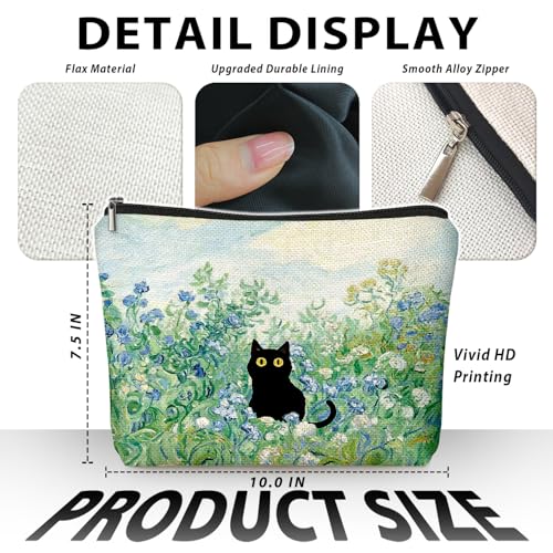 Cute Black Cat Blue Floral Makeup Bag, Kitty Cosmetic Zipper Travel Toiletry Bag for Traveling Women, Cute Black Cat Gifts for Women & Teen Girls, Cats Gifts Lovers - color: 02-Cat(08)-Blue Floral