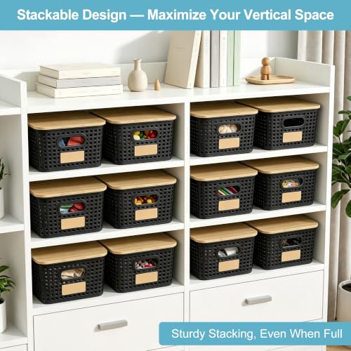 Bagnizer Small Plastic Storage Bins with Bamboo Lids 5.2qt Stackable Box Basket Pantry Decorative Containers Cute with Lable for Organizing Desktop Closet Office Black of 6 packs 10 * 7.2 * 4.1" - color: Black, size: Small- 6 Pack