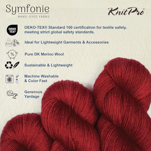 KnitPro Symfonie DK Weight Merino Wool Yarn 240yds, 100g, Red Rose | 100% Extrafine Merino, Hand Dyed, OEKO-TEX Certified, Superwash, Colorfast, #3 Yarn Skein for Knitting & Crochet - color: Red Rose
