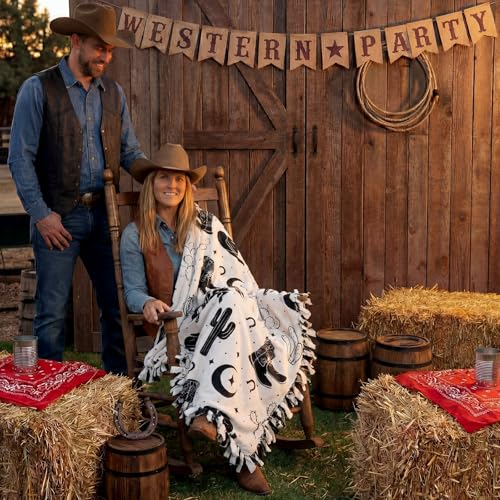 Chumia 2 Pcs/1 Set Western Theme Party Tie Blankets Craft Kit 57 x 57 Inch Midnight Rodeo DIY No Sew Fleece Blanket No Sew Fabric Cowboy Cowgirl Tie Knot Throw Craft Gift for Adult Western Party Favor - style: Western Cowboy